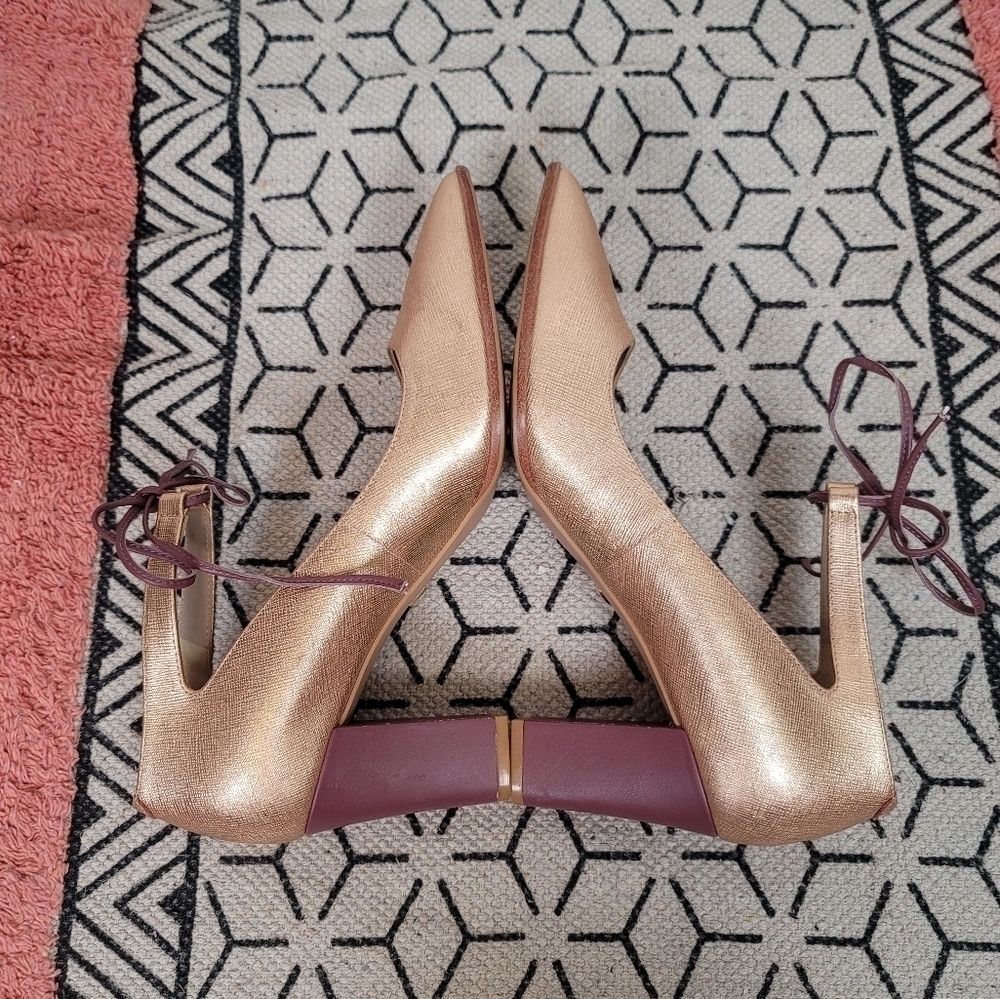 Anthropologie Metallic Rose Gold Pointed Toe Heels with Mauve Ties - Picture 12 of 16